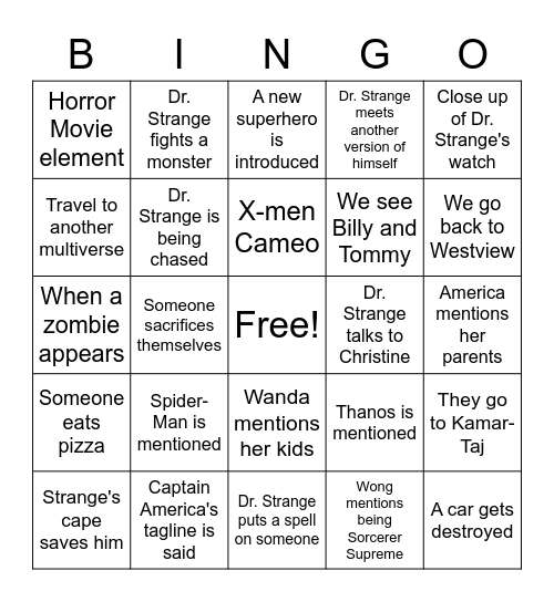 Doctor Strange and the Multiverse of Madness Bingo Card
