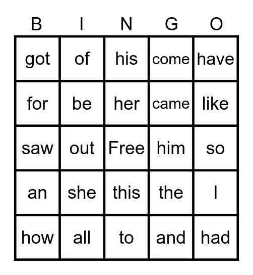 Sight Word BINGO Card