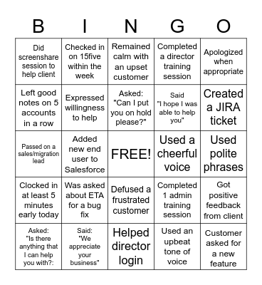 Customer Service Bingo Card