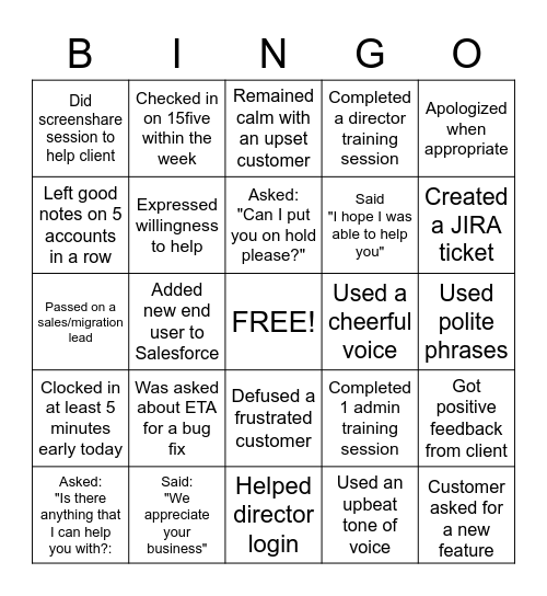 Customer Service Bingo Card