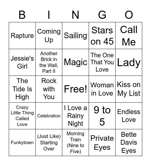#1 Songs 1980-1981 Bingo Card