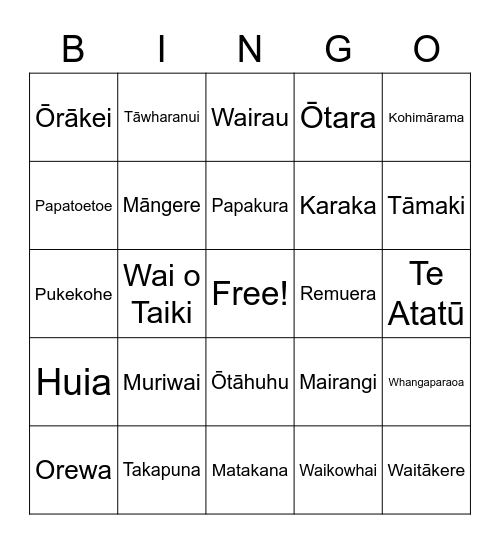 Tāmaki Makaurau Place names Bingo Card