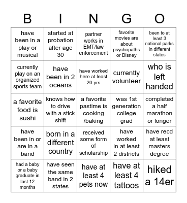 coworker mingle Bingo Card