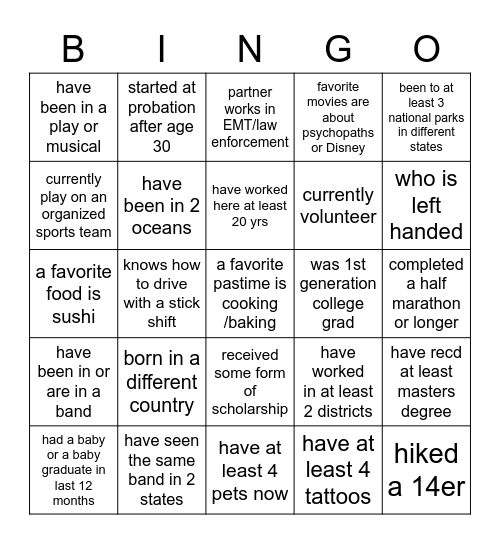 coworker mingle Bingo Card