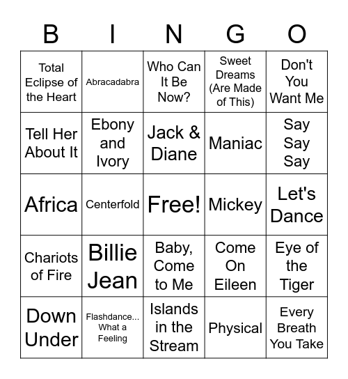 #1 Songs 1982-1983 Bingo Card