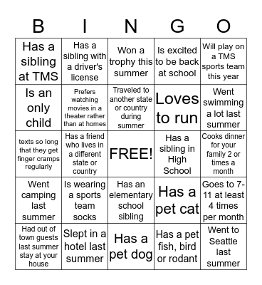 Welcome Back to school Bingo Card