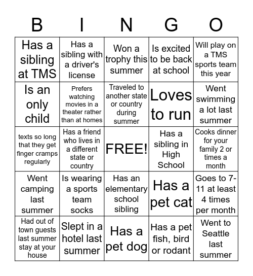 Welcome Back to school Bingo Card