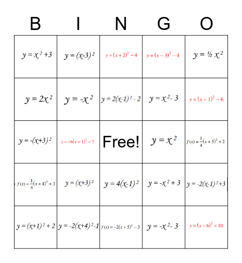 Quadratic BINGO Card