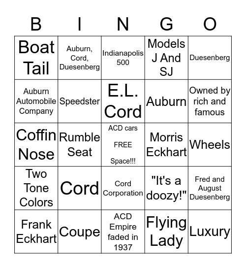 ACD CAR Bingo Card