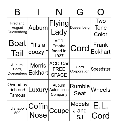 ACD CAR Bingo Card