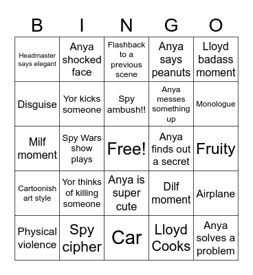 Spy x Family Bingo Card