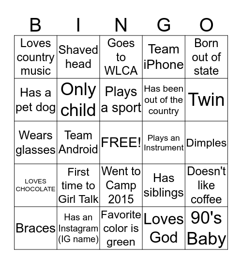 GIRL TALK Bingo Card