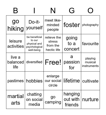 UVD 7 Hobbies Bingo Card