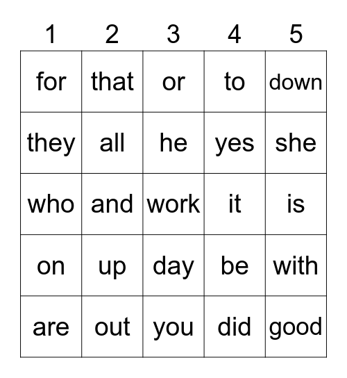 Word Wall Bingo Card