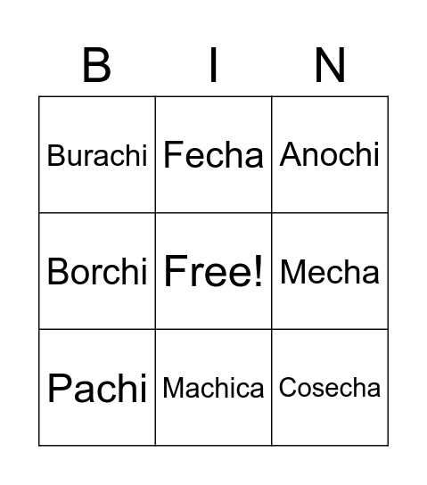 palabra CH Bingo Card