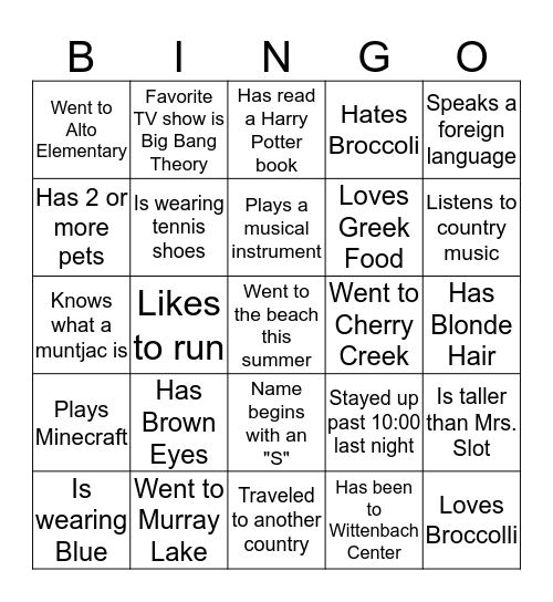 Get to know you Bingo Card