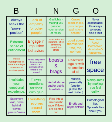 Play Narcissistic Personality Bingo Card