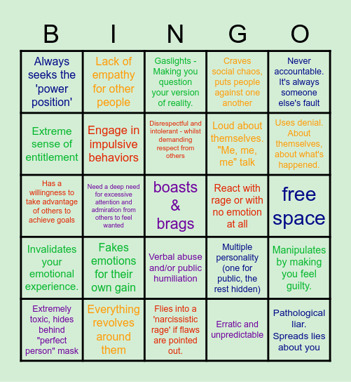 Play Narcissistic Personality Bingo Card