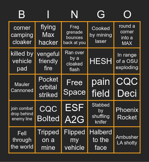 PS2 Frustrating Deaths (infantry) Bingo Card