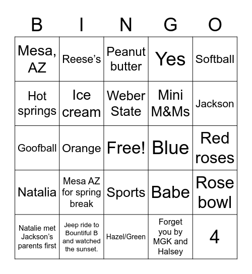 Bridal Bingo Card