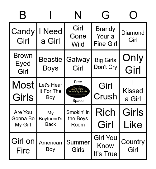 K Pub Music Bingo "Boys & Girls" Bingo Card