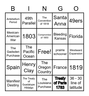 Westward Expansion - Manifest Destiny Bingo Card