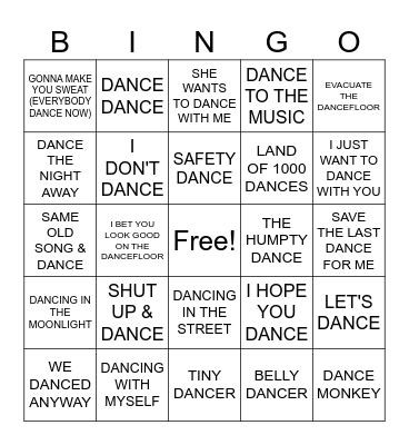 2-"DANCE" SONGS Bingo Card