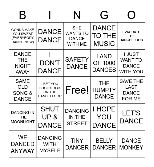 "DANCE" SONGS Bingo Card