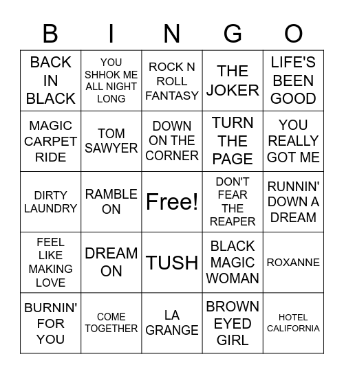 CLASSIC ROCK HITS Bingo Card