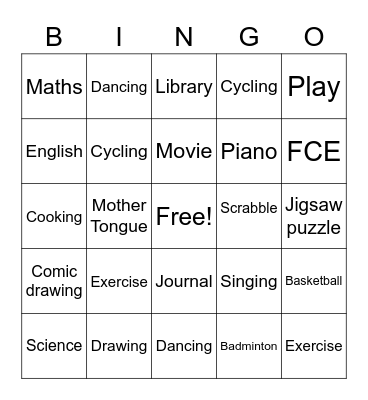 Holiday Activities Bingo Card