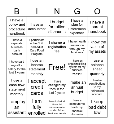 SBP - Fiscal Terms - Family Child Care Bingo Card