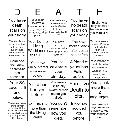 Death's Bingo Card