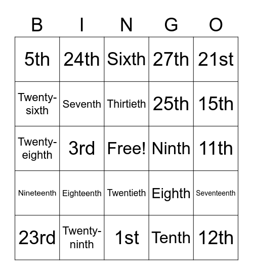 Ordinal Number BINGO Card