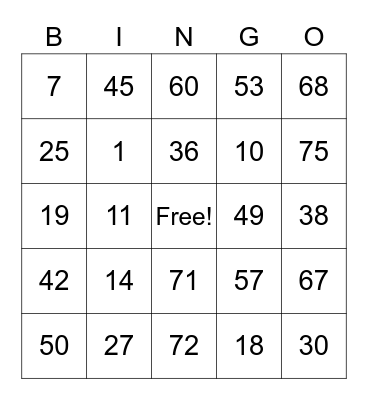 Army Events Bingo 1-75 Bingo Card