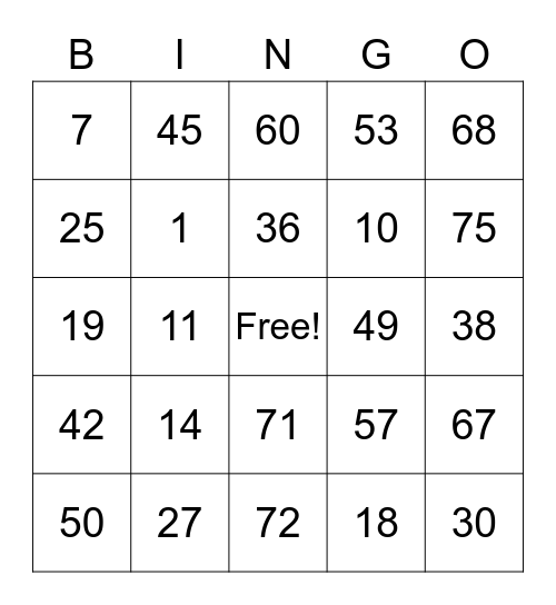 Army Events Bingo 1-75 Bingo Card