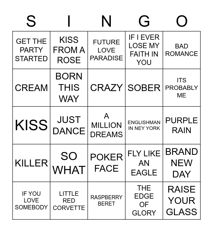 743 PINK VS PRINCE VS SEAL VS STING VS LADY GAGA Bingo Card