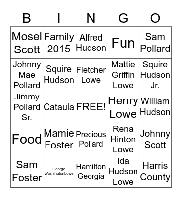 Lowe Family 2015 Bingo Card