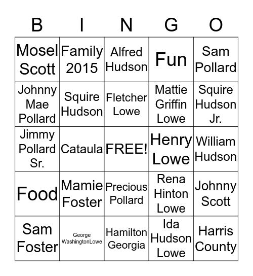 Lowe Family 2015 Bingo Card