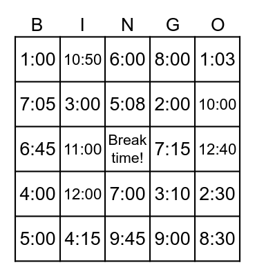 What time is it? Bingo Card