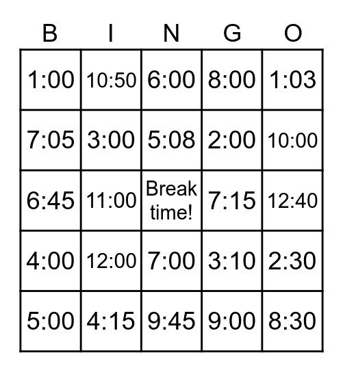 What time is it? Bingo Card