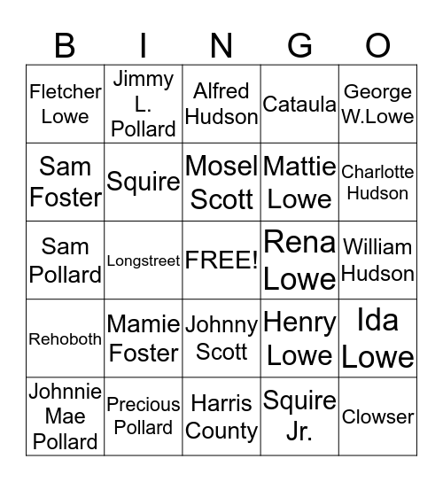 Lowe Family 2015 Bingo Card