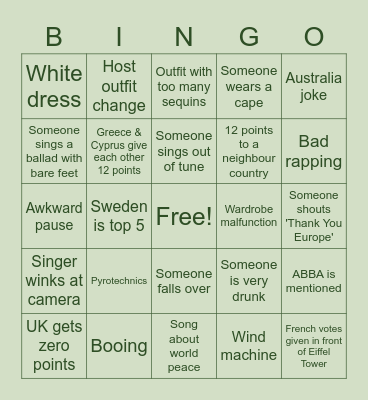 HQ Cafe BB Eurovision Bingo! Bingo Card