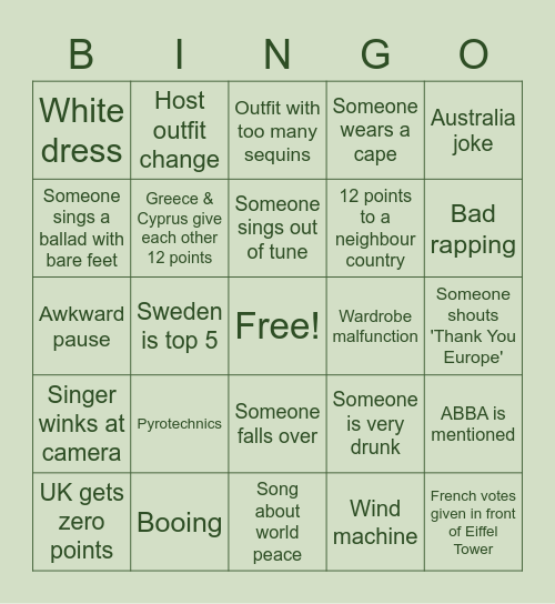 HQ Cafe BB Eurovision Bingo! Bingo Card