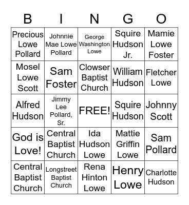 Lowe Family 2015 Bingo Card