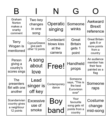 Eurovision Bingo Card