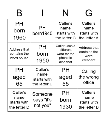 Call centre bingo Card