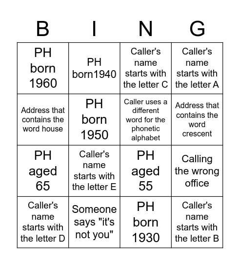 Call centre bingo Card