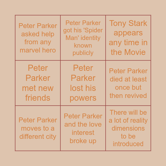 Spiderman No Way Home Bingo Card