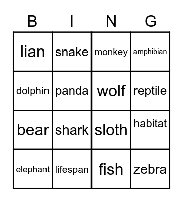 Animals Bingo Card