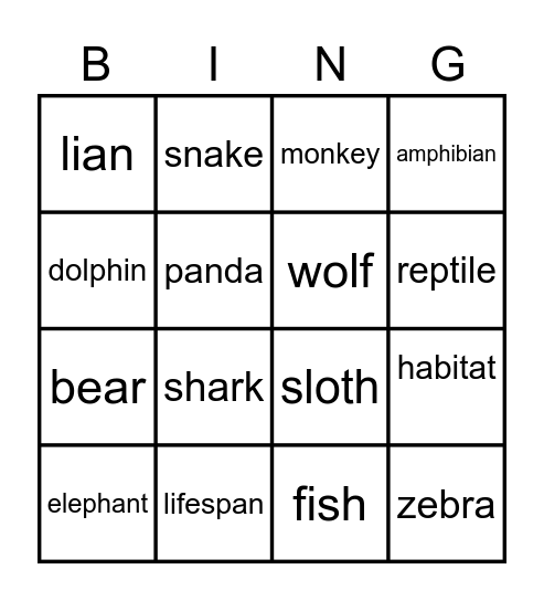 Animals Bingo Card